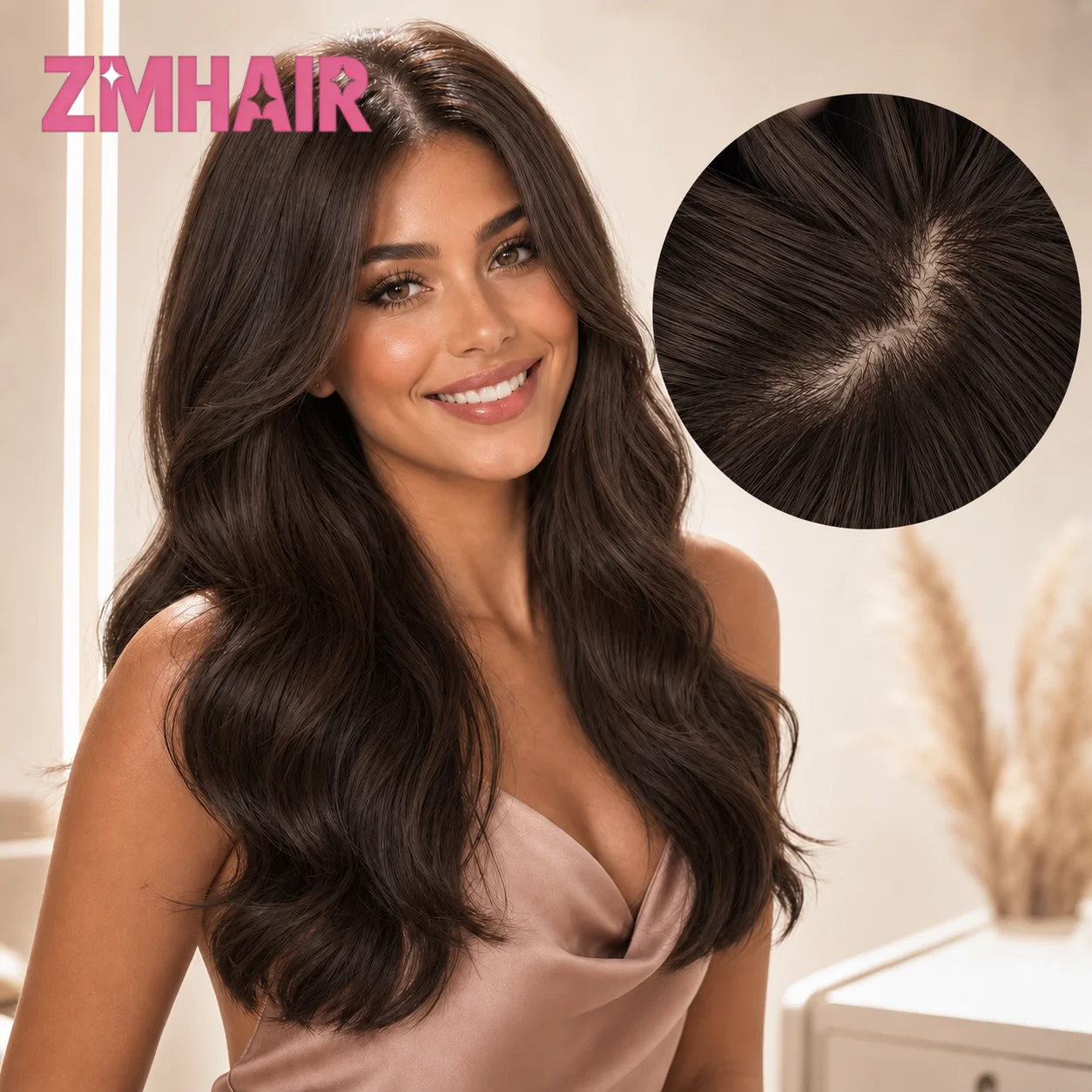 6*6 Natürliche Körperwelle 2 #   Dunkelbraune Seidenperücke mit Seidenbasis, 100% Echthaar-Prothese, handgeknüpft, 180% Dichte, Babyhaar, PU-Kante