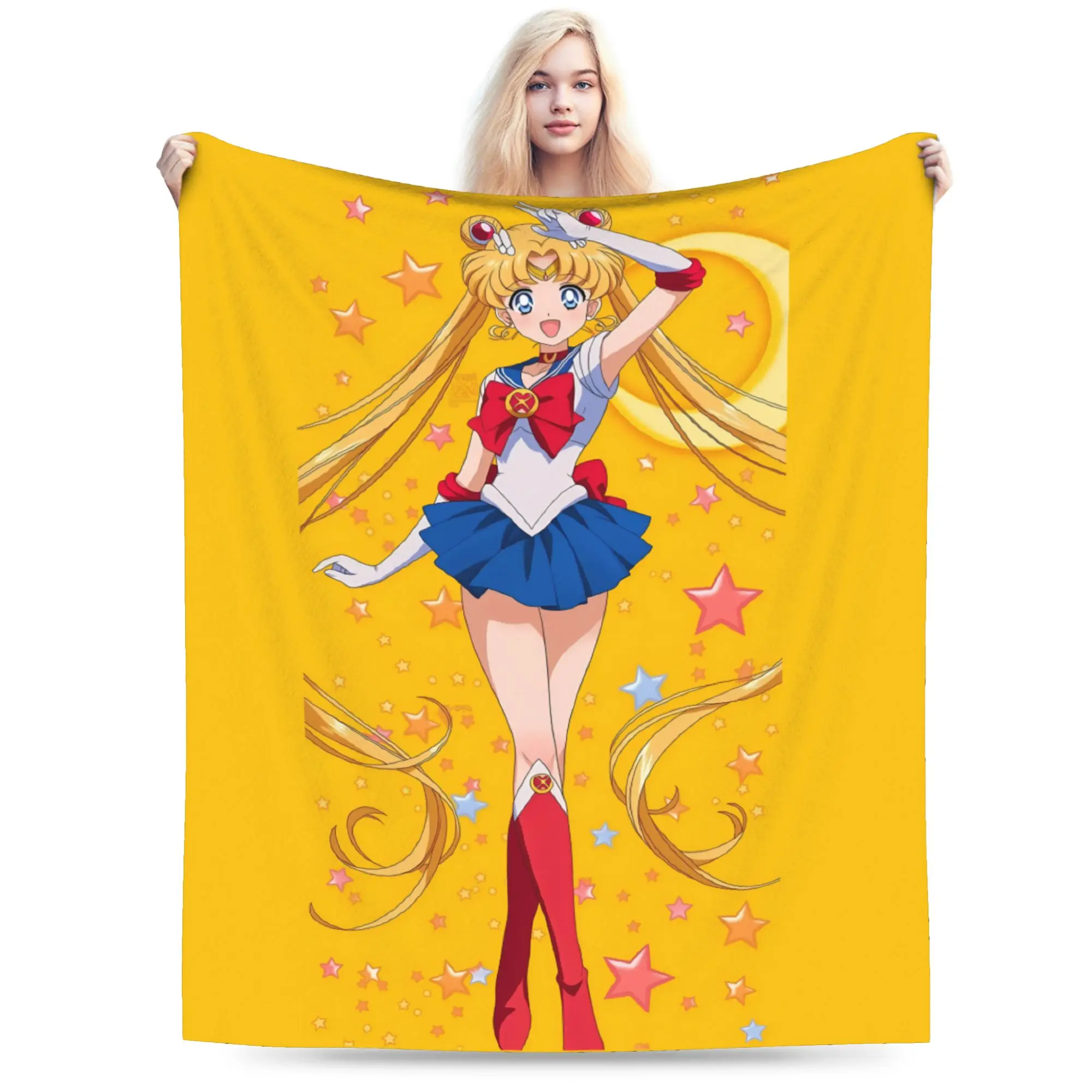 Custom Ultra-Soft Fleece Sailors Anime Moons Throw Blanket Warm Flannel Usagi Tsukino Luna Blankets for Bedding Home Sofa Quilt