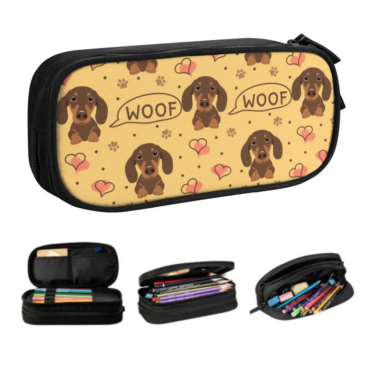 Custom Cute Love Chocolate Dachshund Sausage Dog Pencil Cases for Large Capacity Pet Puppy Pencil Pouch School Accessories