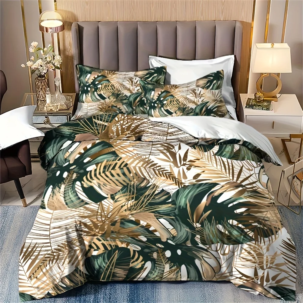 

Golden Green Palm Leaf Print 2/3pcs Duvet Cover Set - 100% Polyester, Machine Washable, All-Season Comfort and Soft Bedding Set