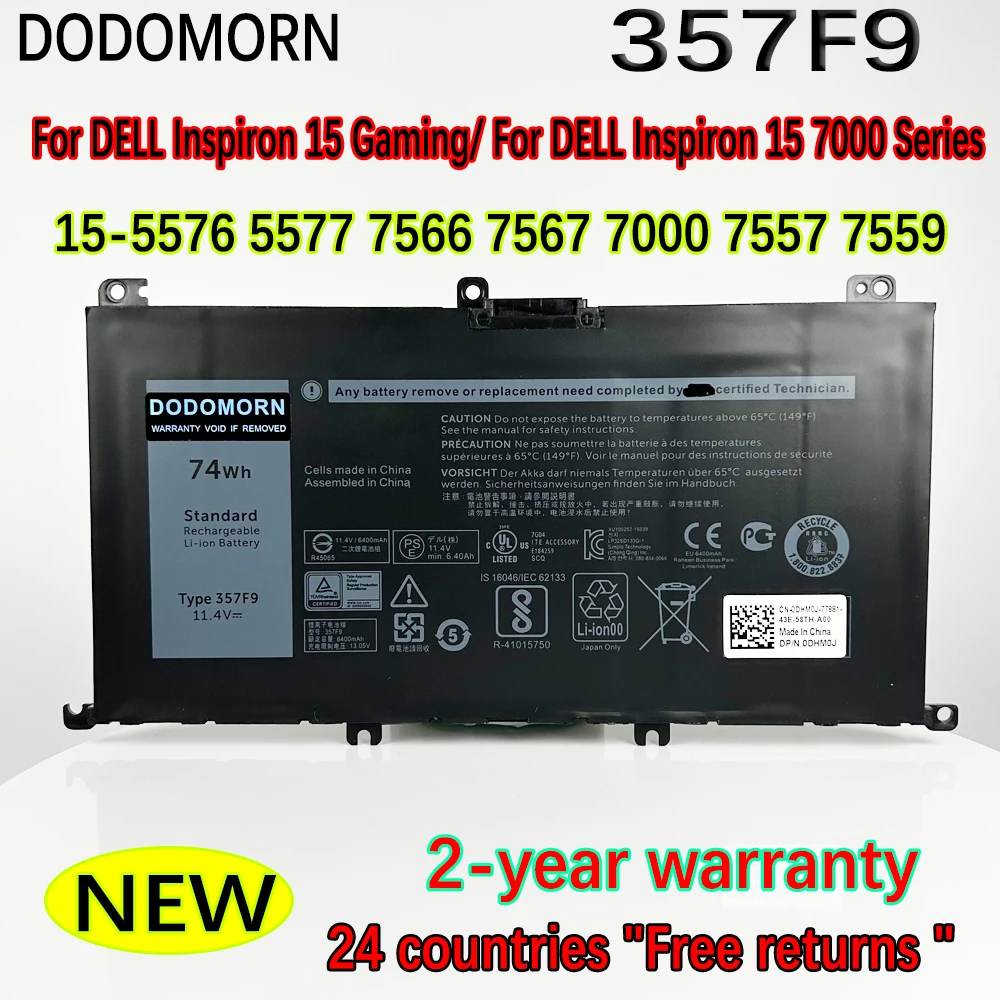 DODOMOR-Batterie 357F9 pour DELL Inspiron 15 Gaming, 5576, 5577, 7566, 7567, 7000, 7557, 7559, P57F, P65F, 15, 7000 Series, P65F001, P57F001