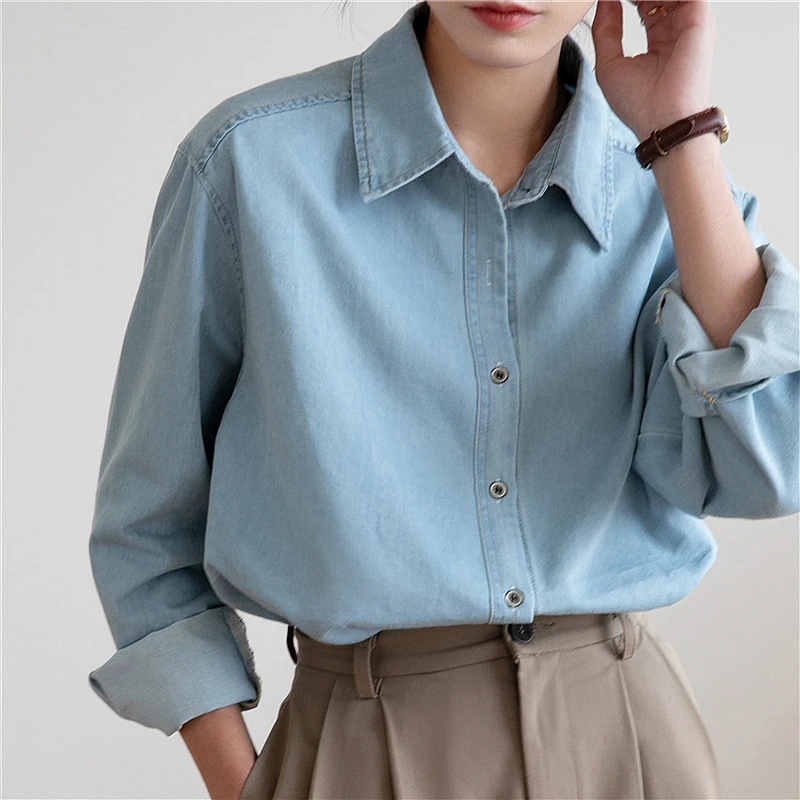 Women Spring Simplicity Loose Office Lady Solid Color Polo-Neck Long Sleeve Denim Shirt Women Clothes Casual All-match Tops