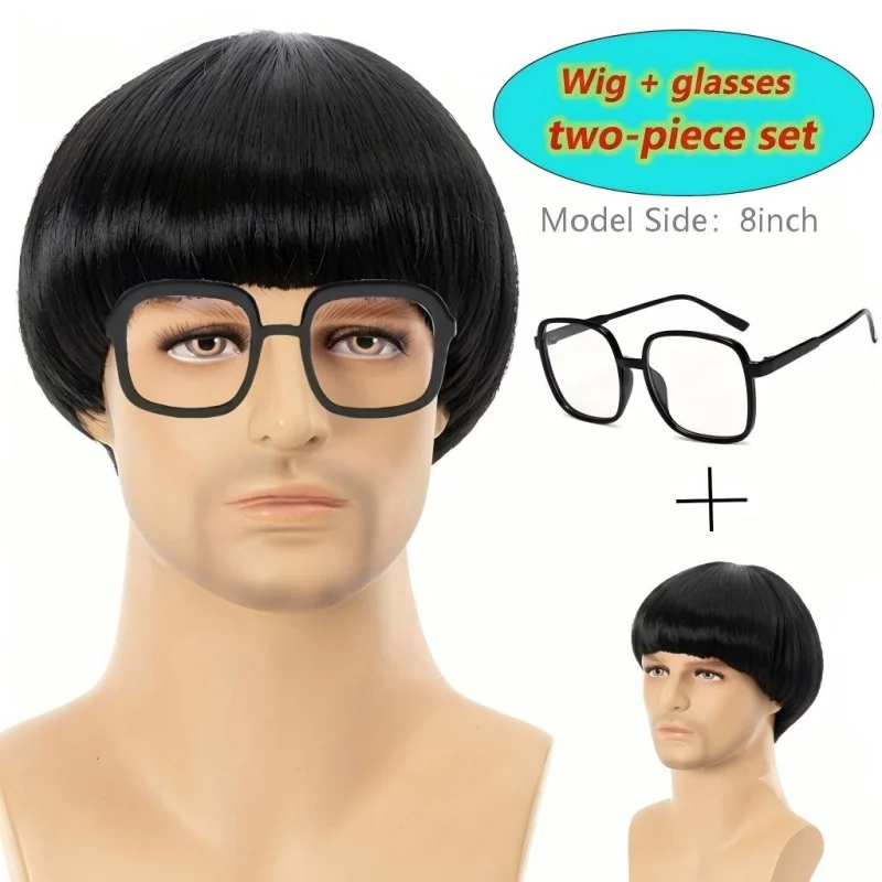 8 Inch Men Black Mushroom Bowl Cut Synthetic Wig with Square Glasses 2 Pieces Set, Retro 70s Cosplay Costume Wig