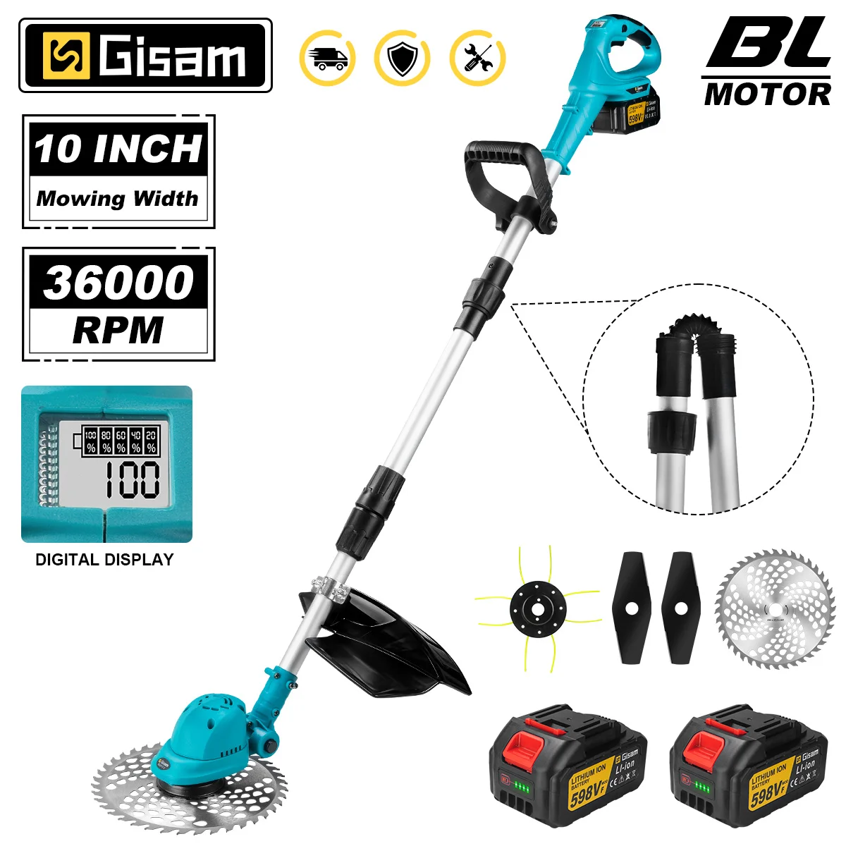 Gisam 10Inch Brushless Electric Lawn Mower 36000RPM Cordless Grass Trimmer Length Adjustable Garden Tool For Makita 18V Battery