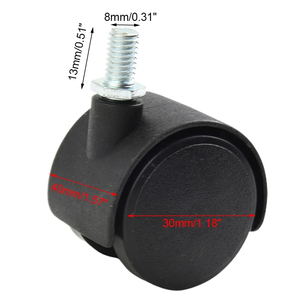 Double Wheel Caster Plastic Swivel Roller Caster Wheel for Furniture, Office Chairs Threaded Rod Connector, Black