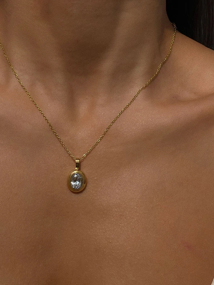 Titanium With 18K Gold Color Crystal Necklace Stainless Steel Jewelry Punk Party T Show Runway Designer Club Japan Korean