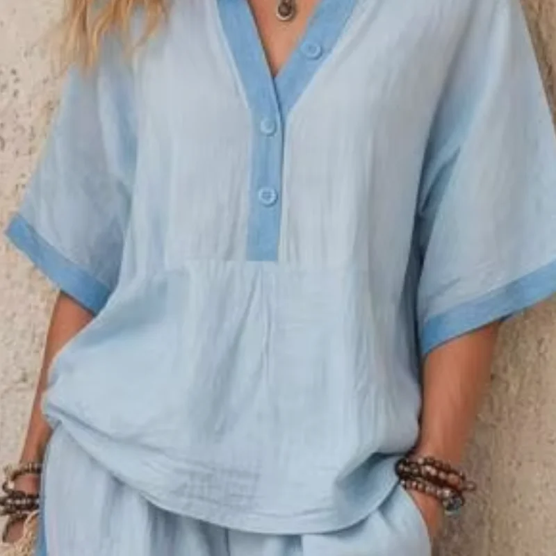 Traje de mujer de corte relajado, pantalones palazzo con cuello en V de verano, conjunto de 2 piezas, top informal y pantalones de pierna ancha para el hogar, la oficina y viajes