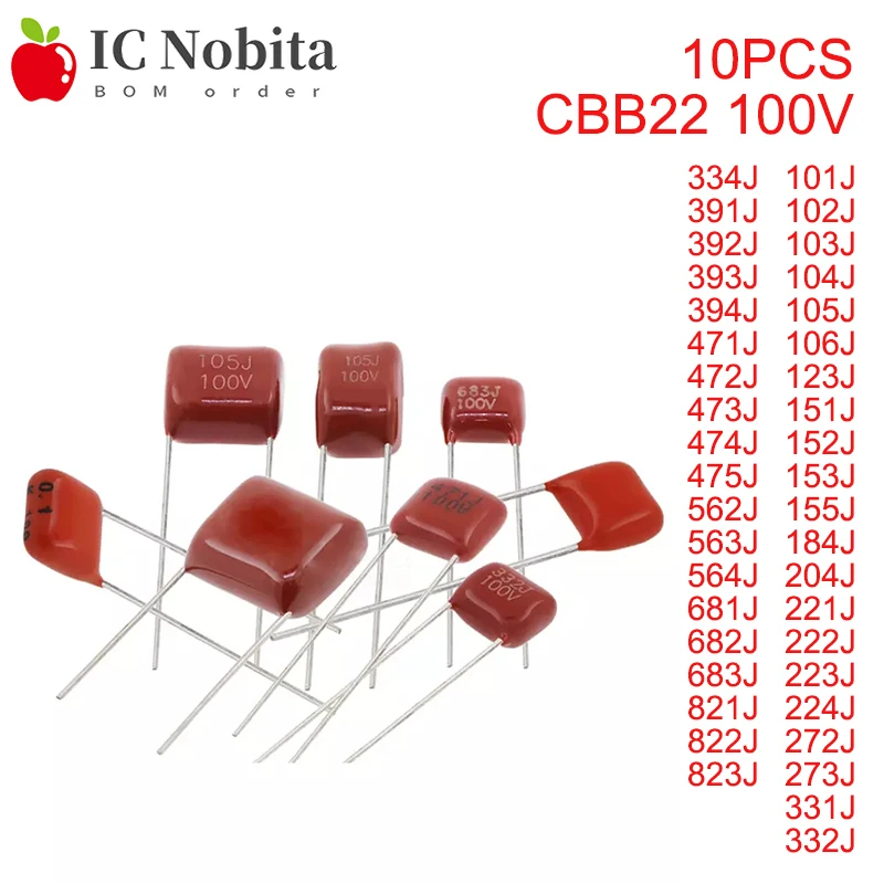 2-10PCS CBB22 Metallized Polypropylene Film Capacitor 100V 101J~823J 102J 103J 104J 152J 221J 332J 334J 472J 474J 475J 564J 684J