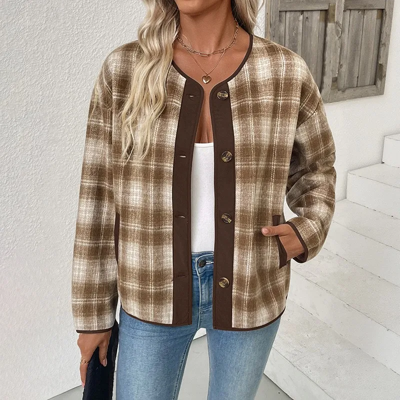 Women Jacket Cardigan Plaid Coat Women's Jackets Long Sleeve Cardigans Loose Fit Knit Cardigan Brown Cream Open Front Cardigan