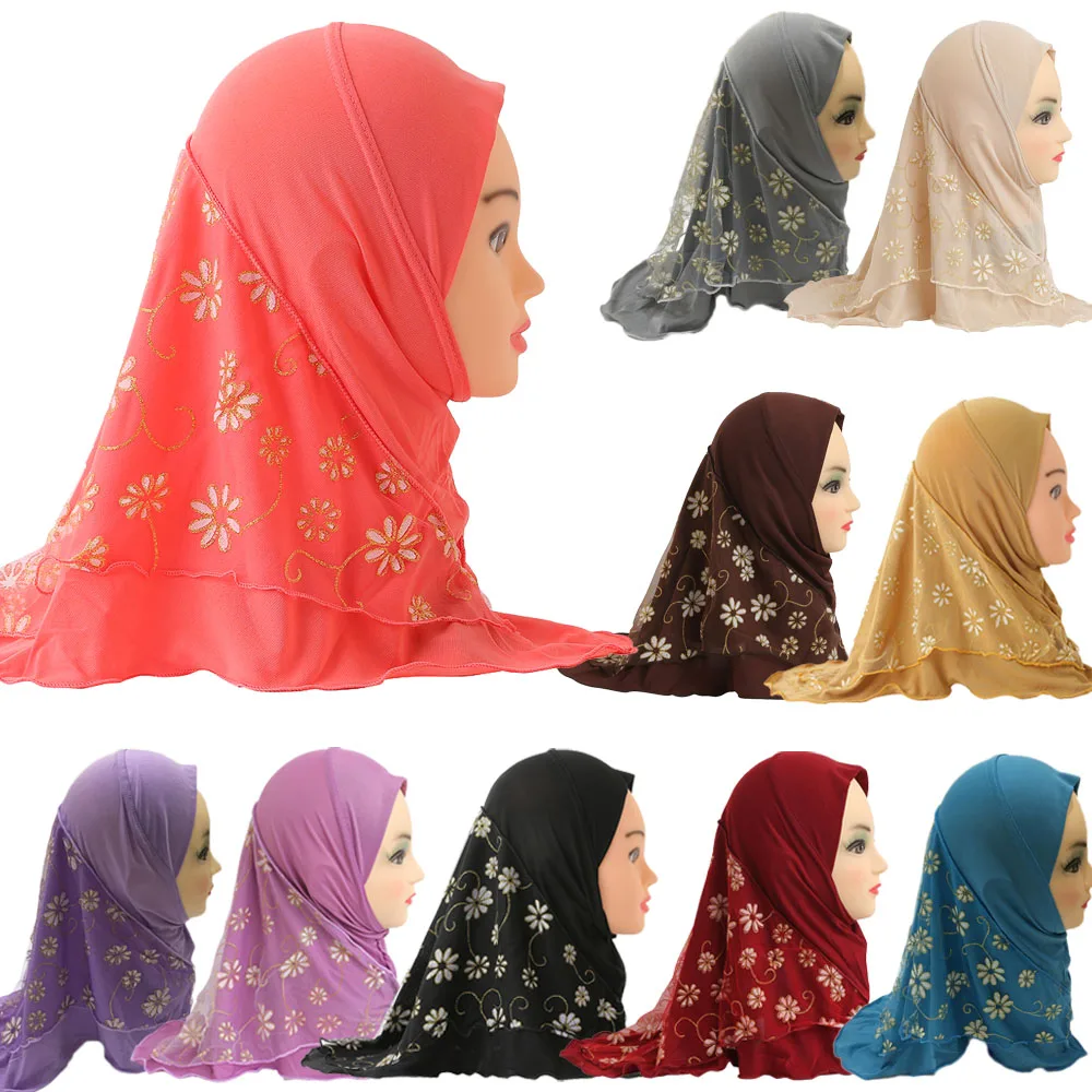 

Beautiful Small Girl Amira Hijab with Mesh Flowers Fit 2-6 Years Old Kids Pull On Islamic Scarf Head Wrap Headscarf Headbands