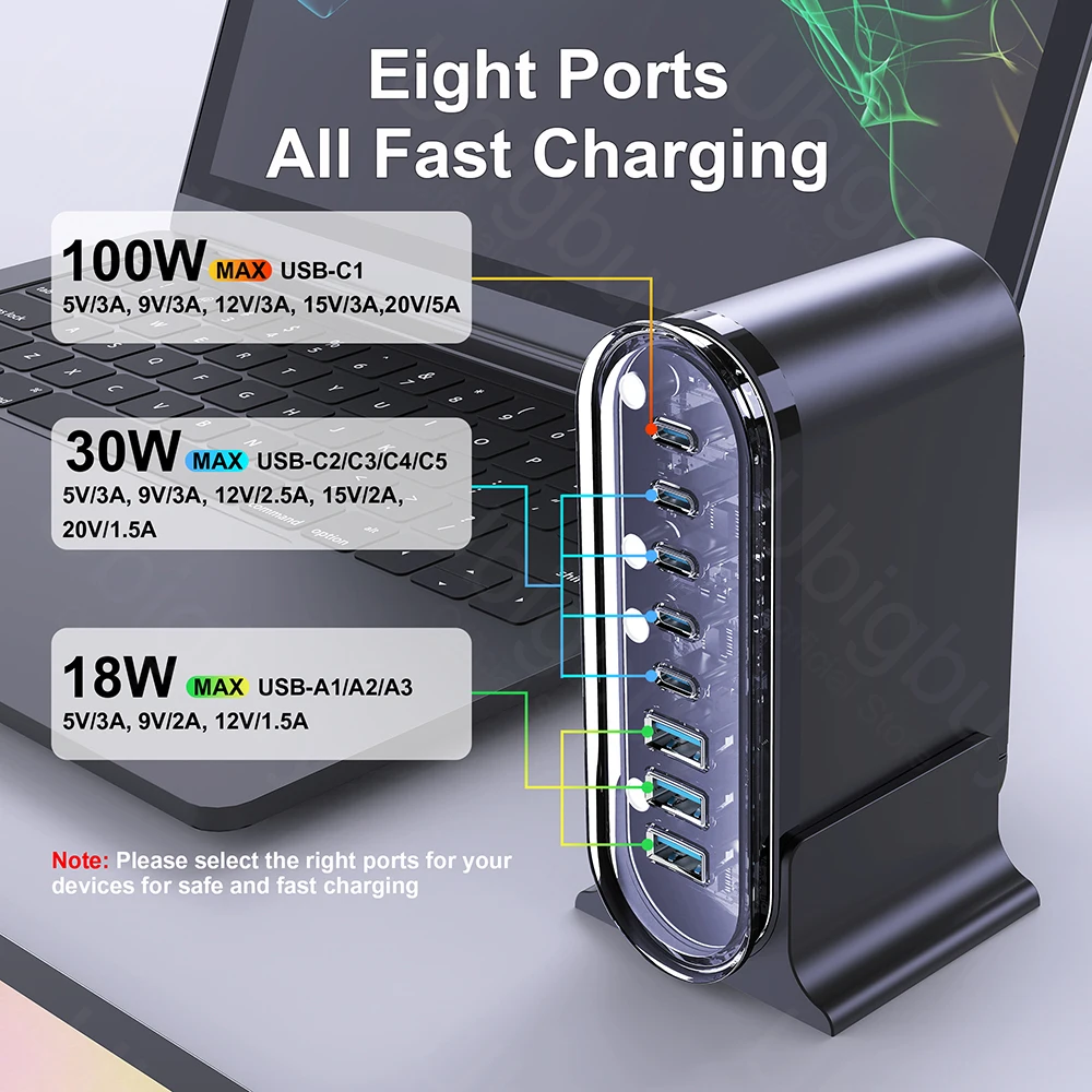 Ubigbuy 268W Ładowarka biurowa GaN 8-portowa ładowarka PD USB-C Szybkie ładowanie 3.0 USB typu C PPS Szybkie ładowanie dla MacBook iPhone Samsung