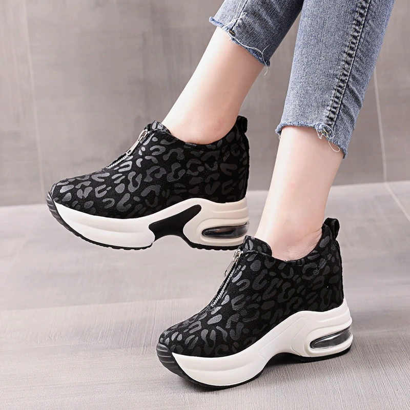 Hidden Heel Casual Platform Shoes Woman Sneakers Suede Slip on Shoes Women Height Increasing Flock Leopard Print Wedges Shoes