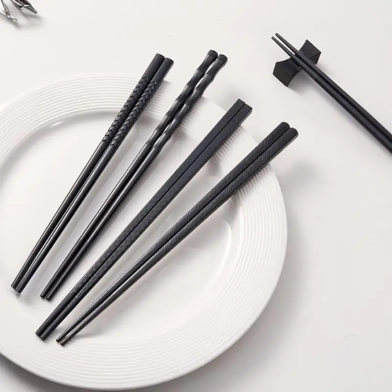 1 Pair Chinese Chopsticks Bamboo Pattern Black Non-Slip Dishwasher Chopsticks Reusable Food Grade Kitchen Tableware