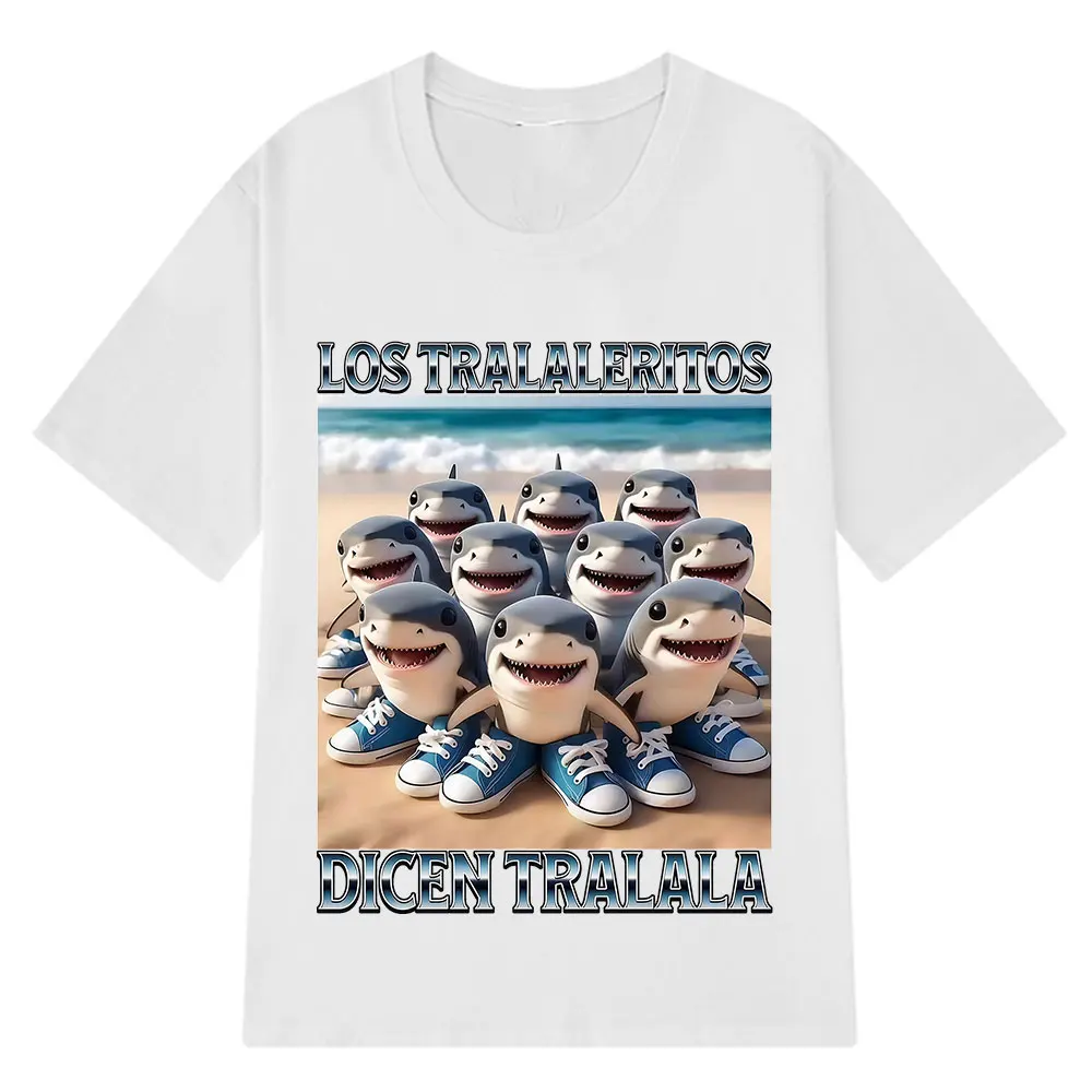لوس Tralaleritos Dicen Tralala الإيطالية Brainrot ميمي تي شيرت Tralalero Tralala القرش مع أحذية الجرافيك القطن للجنسين تي شيرت غير رسمي #4