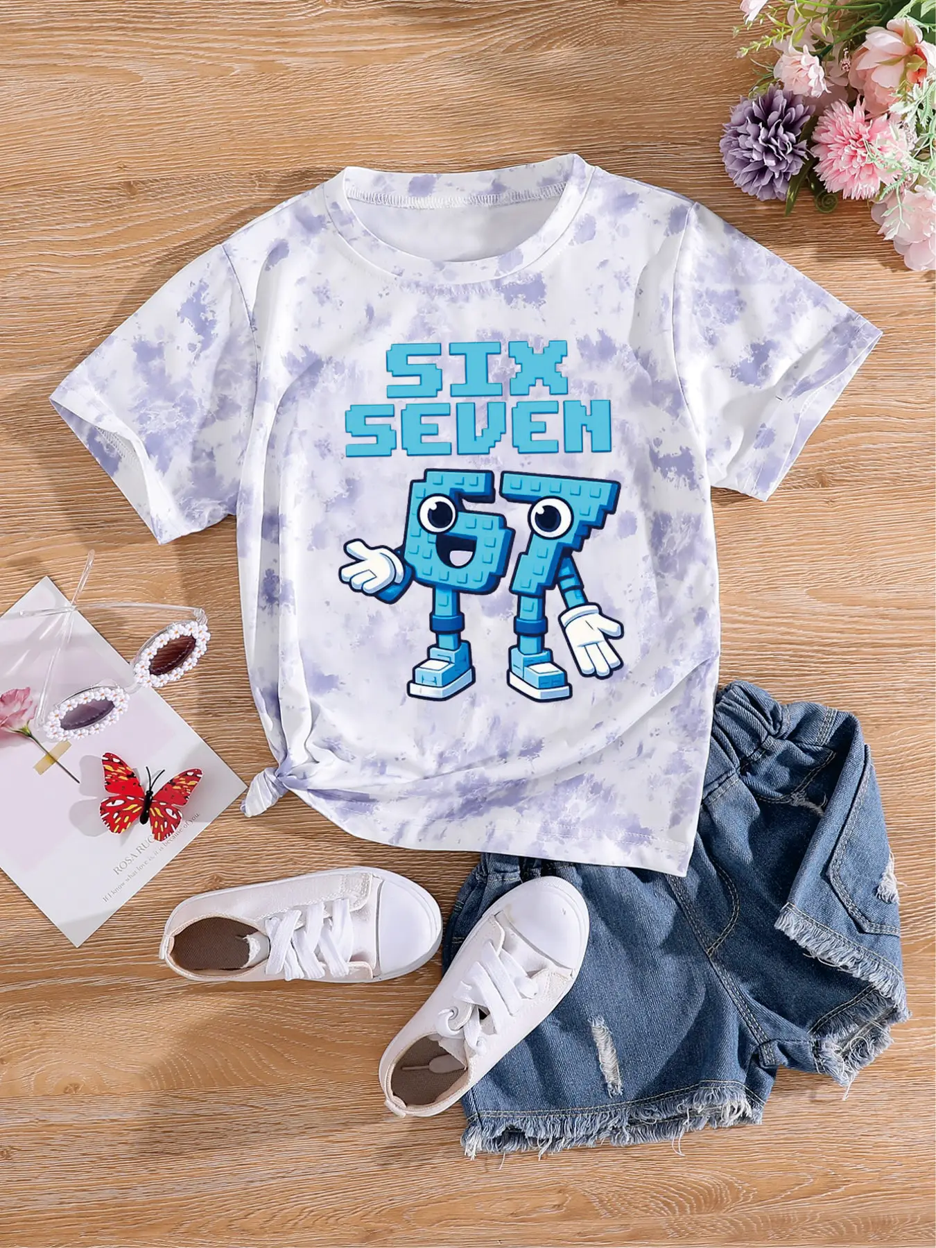 Kids Girls Pink Tie-Dye Birthday T-Shirt, 6th/7th Birthday Pixel Number Print Tee for Party & Daily Wear