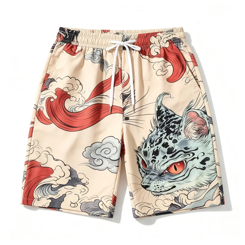 Men's Japanese ukiyo-e demon cat divine beast wave auspicious cloud print beach pants casual vacation surfing swim pants