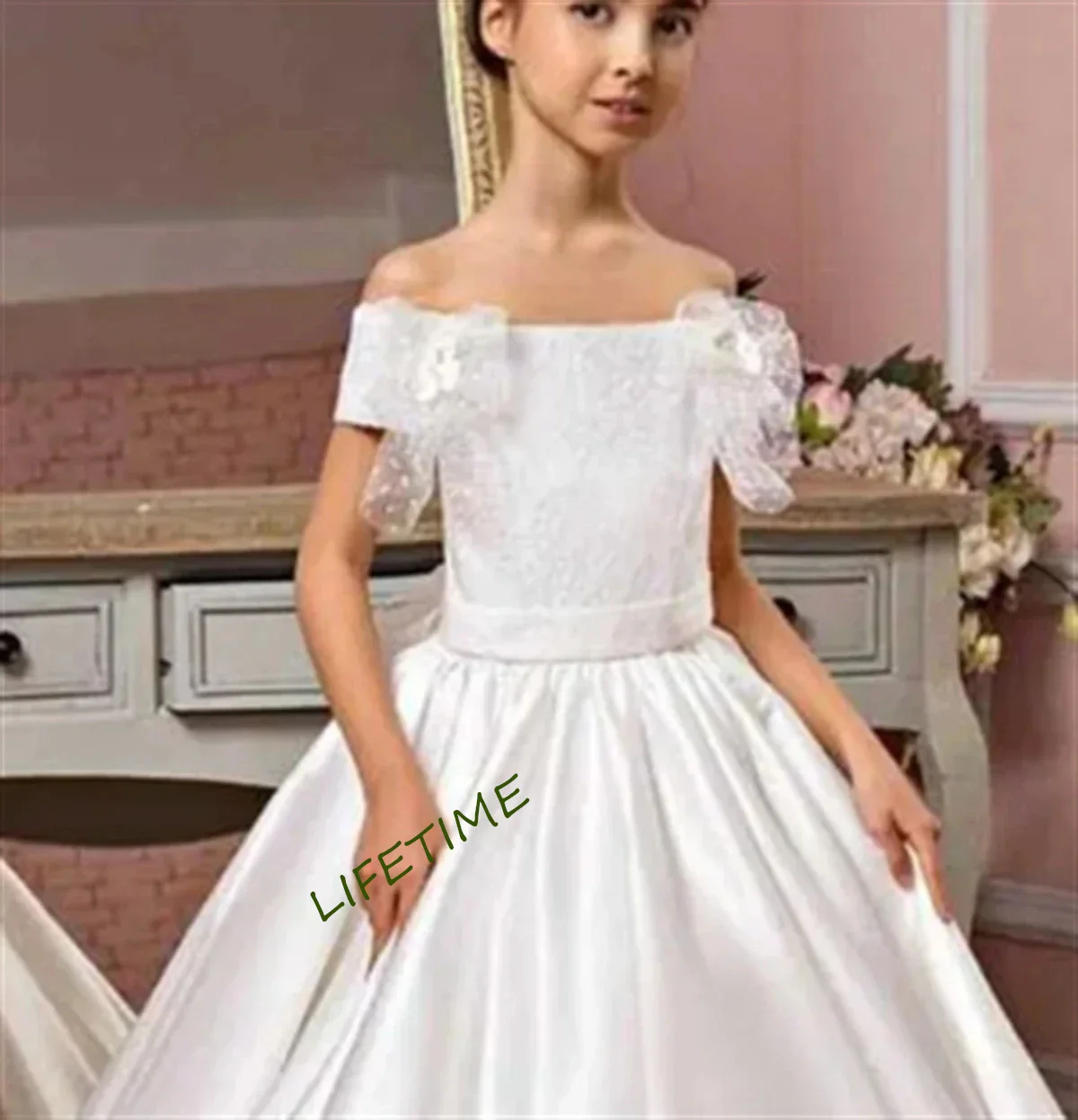 Flower Girl Dress White Satin Lace Bow Decoration One-line Shoulder Wedding Elegant Flower Child First Eucharistic Party Dress