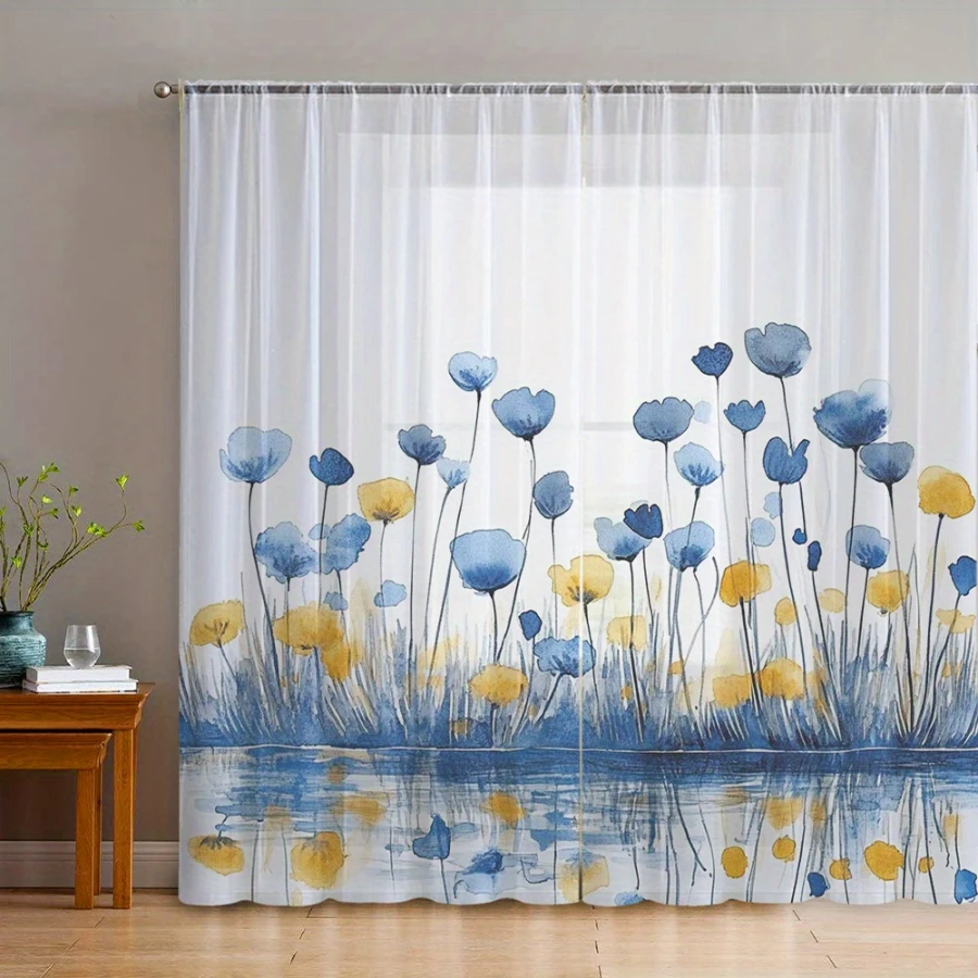 2PCS Digital Print Sheer Curtains, Lake Flower Cluster Pattern, Natural Pastoral Style for Living Room Bedroom Window Decor