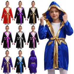 Kids Boys Girls Boxing Robe Long Sleeve Shiny Satin Cardigan Hooded Cloak with Belt Halloween Theme Party Boxer Cosplay Costume