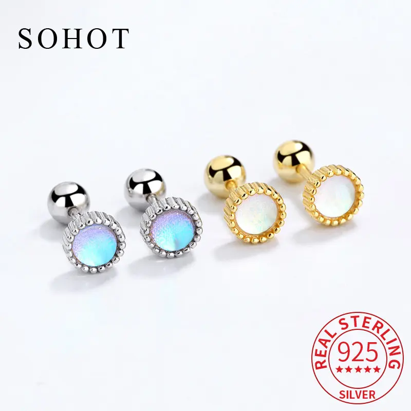 

Classic Real 925 Sterling Silver Round Moonstone Bead Screw Stud Earrings For Charm Women OL Fine Jewelry Minimalist Accessories