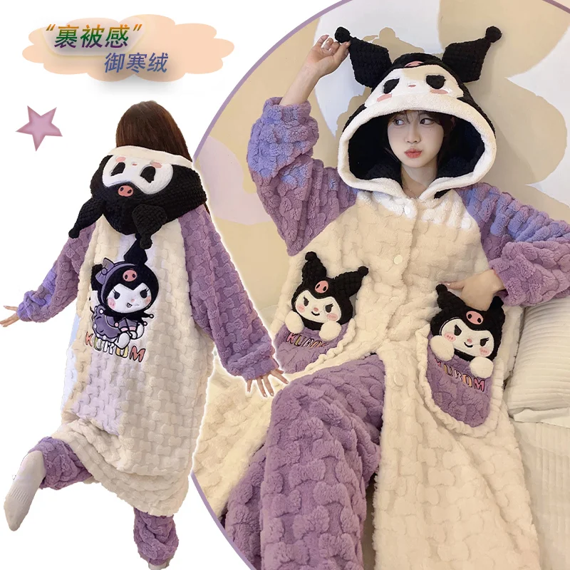 2 قطعة Kuromi المرجان الصوف ثوب النوم الشتاء المرأة منامة مرحبا كيتي الكرتون سينامورول سميكة طويلة رداء دافئ المتسكعون #1