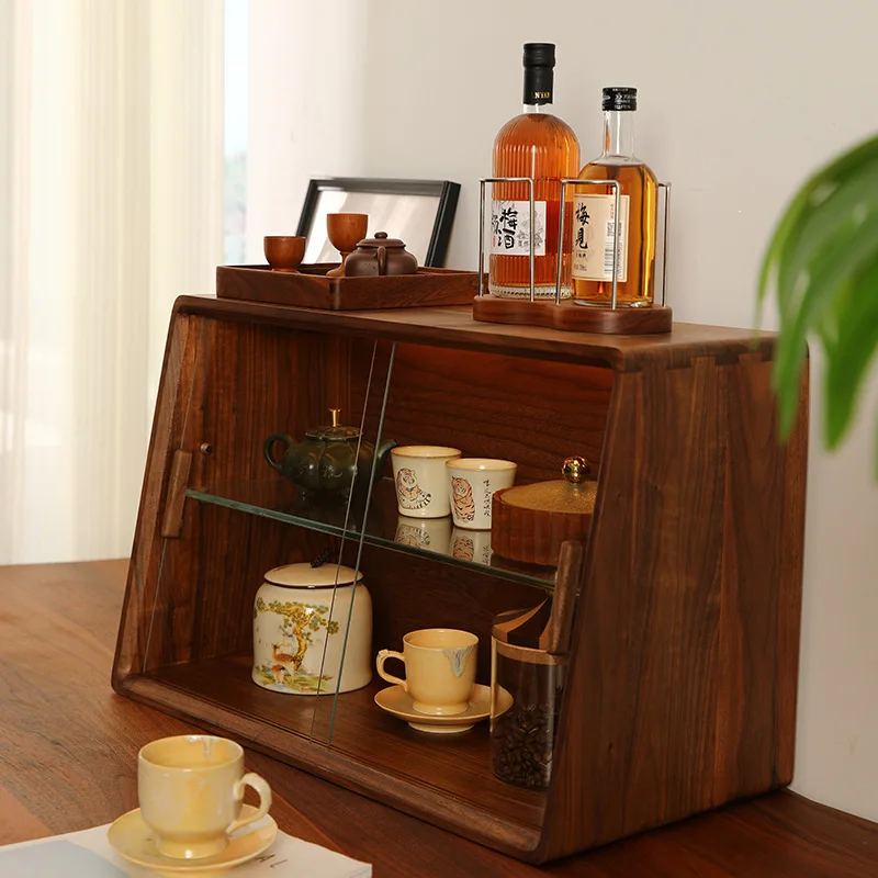 North American black walnut beveled edge solid wood cabinet storage table storage dustproof storage cabinet light strip