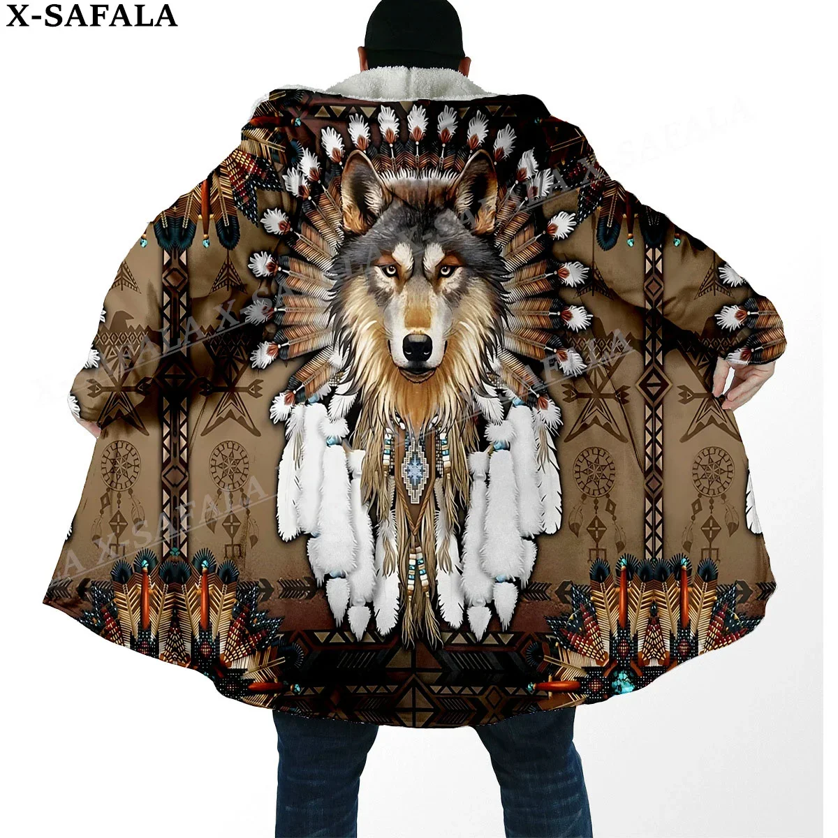 Elegant Native Wolf Spirit Totems Arts Thick Warm Hooded Cloak Men Overcoat Coat Windproof Fleece Cape Robe Hooded Blanket-2