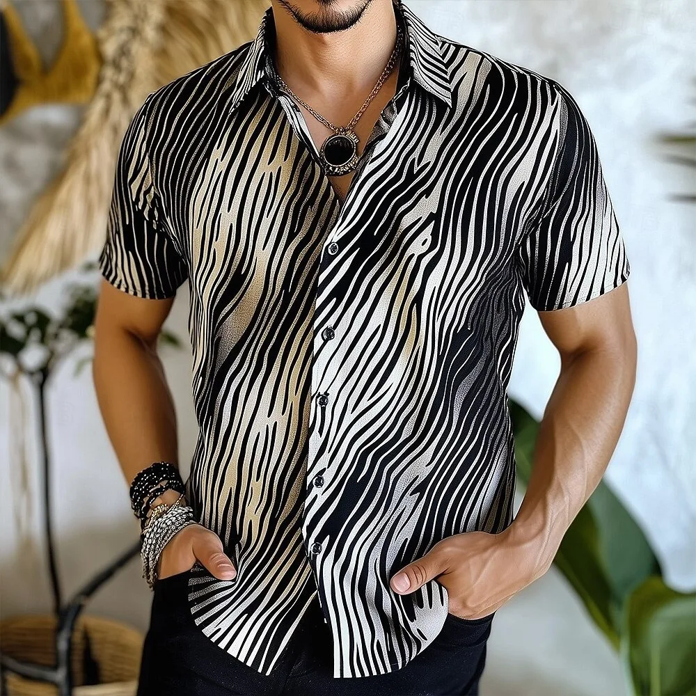 

Men's Striped Wave Formal Casual Shirt Short Sleeve Fashion Flap Collar 3D Printed Flap Collar Shirt Black White