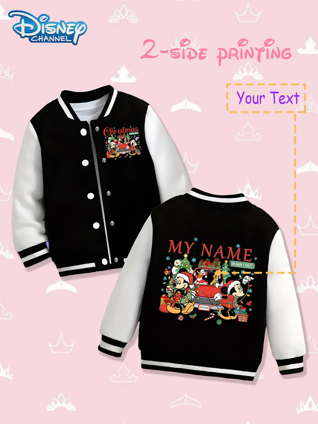 

MINISO Disney Christmas Mickey Girls Baseball Jacket - Double-sided Christmas theme print, warm and festive in autumn and winter