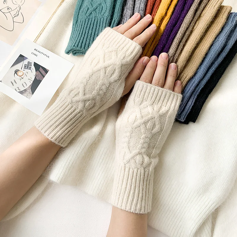 Women's Half Finger Gloves Winter Soft Warm Wool Knitted Arm Gloves Fashion Warm Half Finger Gloves Unisex C073