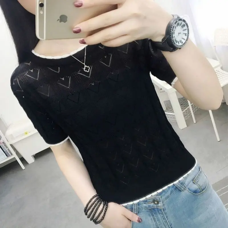 Fashion Loose Knitted Ruffles Hollow Out T-Shirt Women\'s Clothing 2023 Summer New Casual Pullovers Short Sleeve Korean Tee Shirt