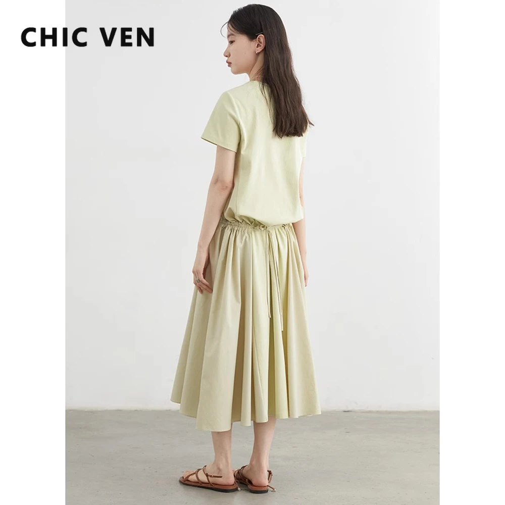 

CHIC VEN Women Dresses Solid O Neck Short Sleeved Design Patchwork Dress A Long Dress Shirring Pullover Summer 2025