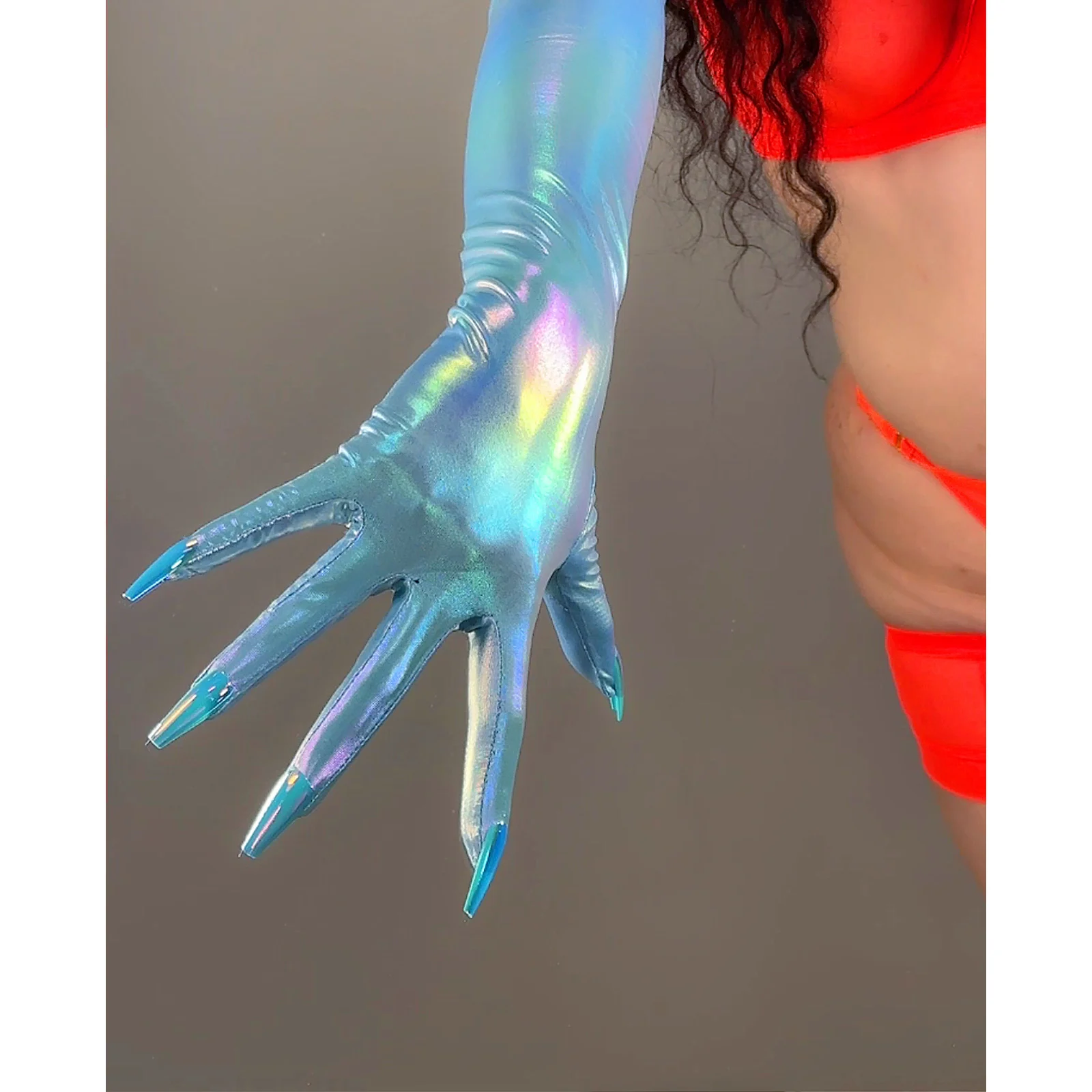 Holo Blue Long NAIL GLOVES 70CM HOLOGRAPHIC Liquid Metallic Shiny Extra Thin Elastic Fashion Cosplay Costume Glove with Nails