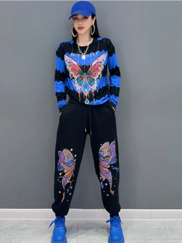 Vefadisa 2025 Spring Autumn New Butterfly Embroidery Women Matching Sets O-neck Long Sleeved Striped Top And Pants Suit ZXY1041A