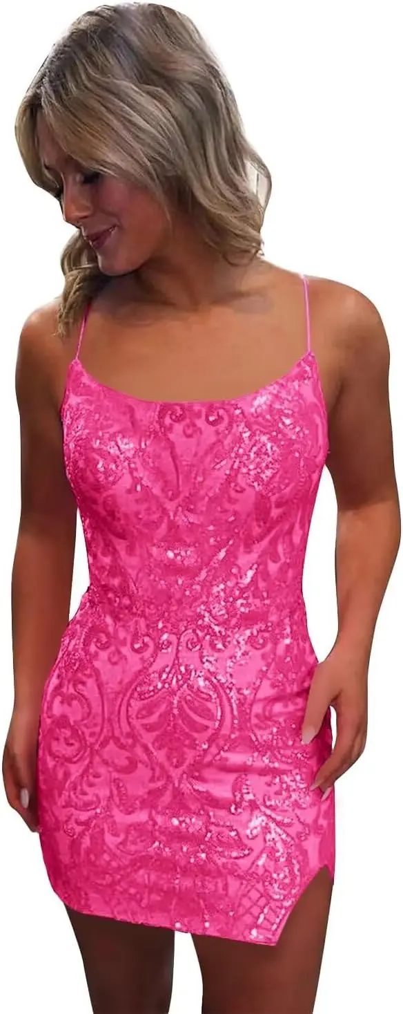 

Short Tight Sequin Homecoming Dresses for Teens with Slit Sparkly Sequin Mini Prom Cocktail Gowns