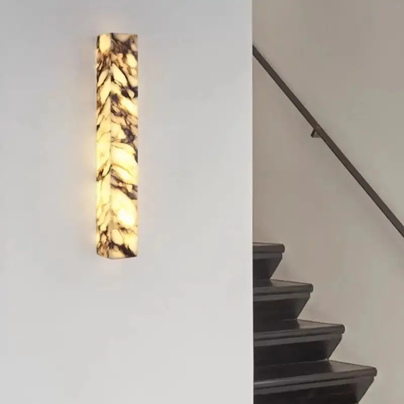 Long Rectangular Natural Alabaster Wall Sconce Marble Vein LED Wall LampVilla Corridor Staircase