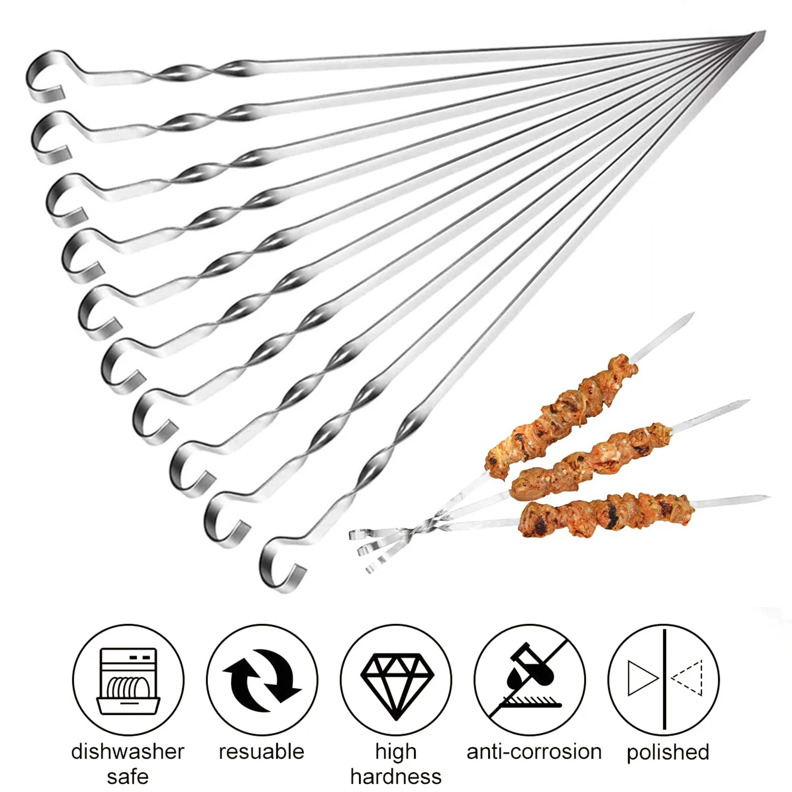 10Pcs Stainless Steel Barbecue Skewer Reusable BBQ Skewers Kebab Iron Stick For Outdoor Camping Picnic Tools Cooking Tools