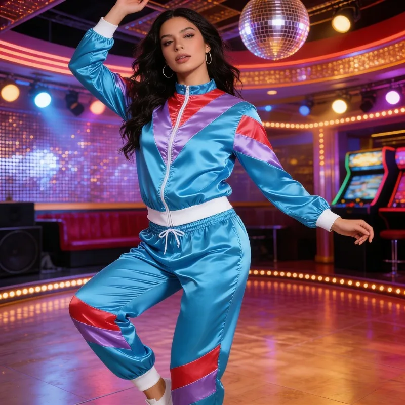Retro 80s Disco Jogging Suit Loose Jacket and Sports Pants Neon Party Eye-catching Clothing Nostalgic Themed Clothing
