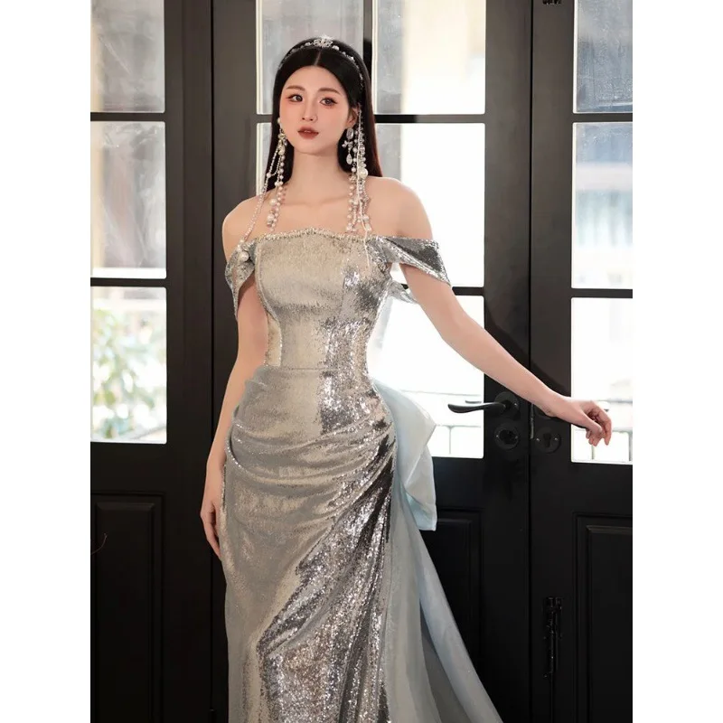 

Light Luxury Formal Dresses for Women Off The Shoulder Sequins Strapless Mermaid Skirt Big Bow Women's Evening Party Dresses