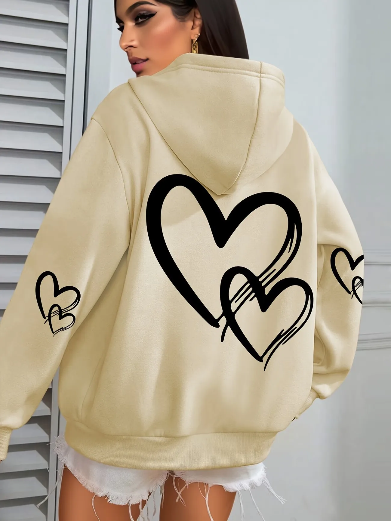 Damen-Kapuzenpullover mit Herzmuster, lässiger Langarm-Pullover mit Taschen, schlichtes Design, Streetwear-Style-Oberteil, im Sonderangebot. – Detail 13
