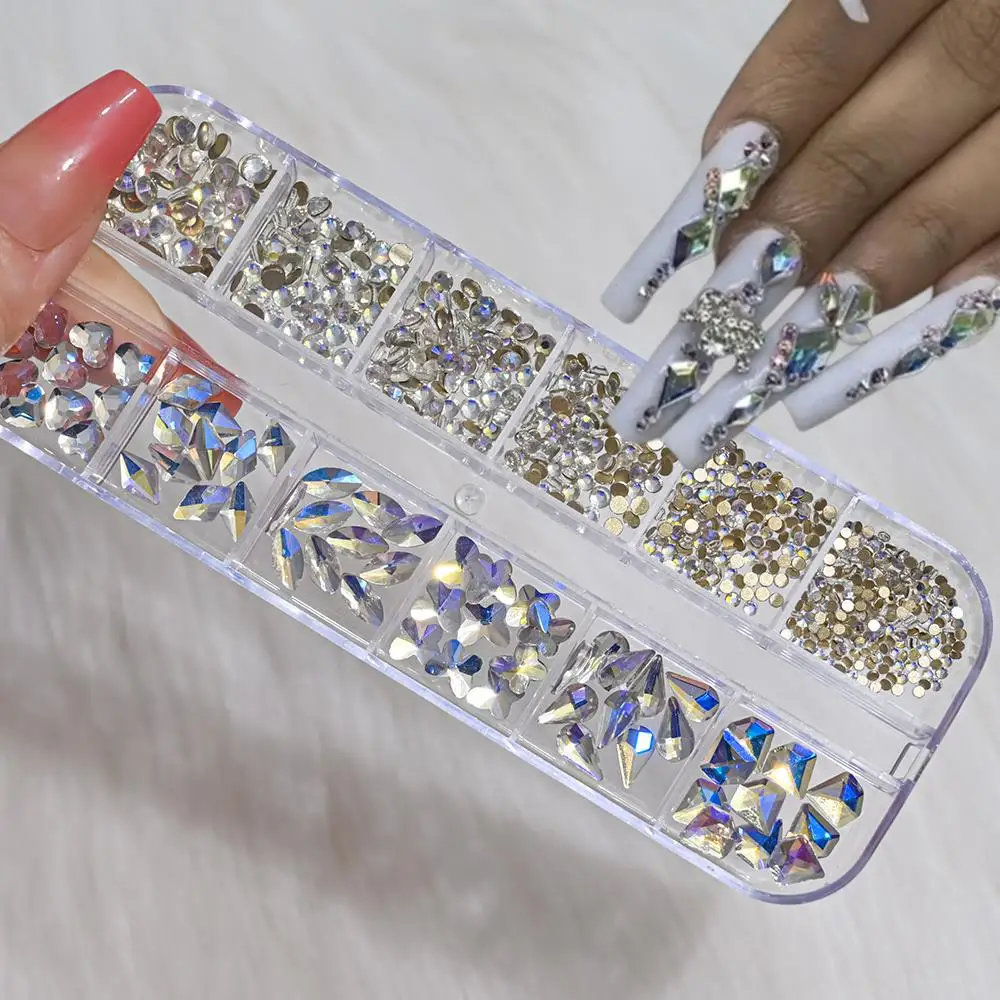 12 Siatek 3D Złote Cyrkonie do Paznokci Mieszane Kształty Okrągłe Serce Kropla Kwadrat Szklane Diamenty Ozdoby do Paznokci DIY Akcesoria do Manicure