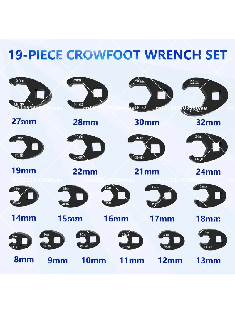 19pcs Drive Nut Crowfoot Wrench Set Metric Tool 8 to 32 mm Nut Wrench set for 3/8in and 1/2in Drive Ratchet