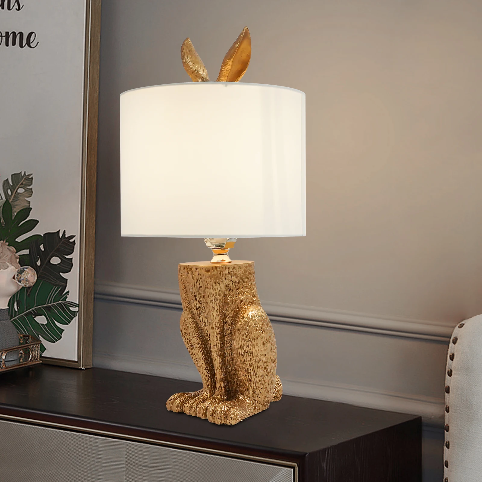 

Настольная лампа Gold Cute Rabbit, современная настольная лампа из смолы с кнопочным переключателем, основание E26, декор для спальни, гостиной, офиса