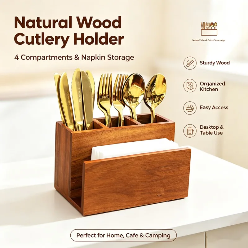 Multifunctional Wooden Silverware Cutlery Organizer Box with Napkin Holder Kitchen Flatware Utensil Storage Container