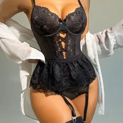 Sexy Lingerie For Woman Lace Transparent Bra Crotchless Bodysuit Female Erotic Costume Sexy Bow-knot Teddy Underwear Set