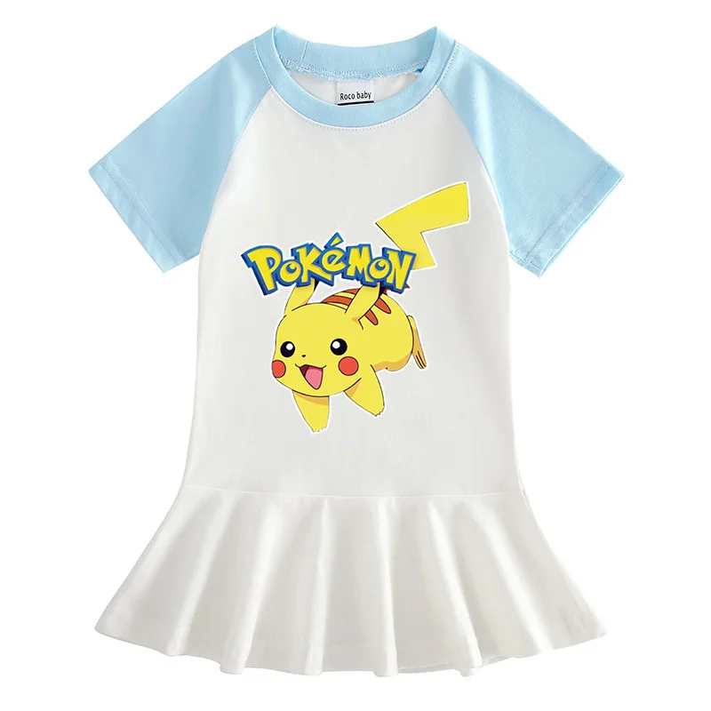 Pokemon Pikachu Kinderkleid für Mädchen, lässiges Kurzarm-T-Shirt-Kleid, süßer Aufdruck, Baumwolle, Rüschensaum, Sommer-Outfit für kleine Fans