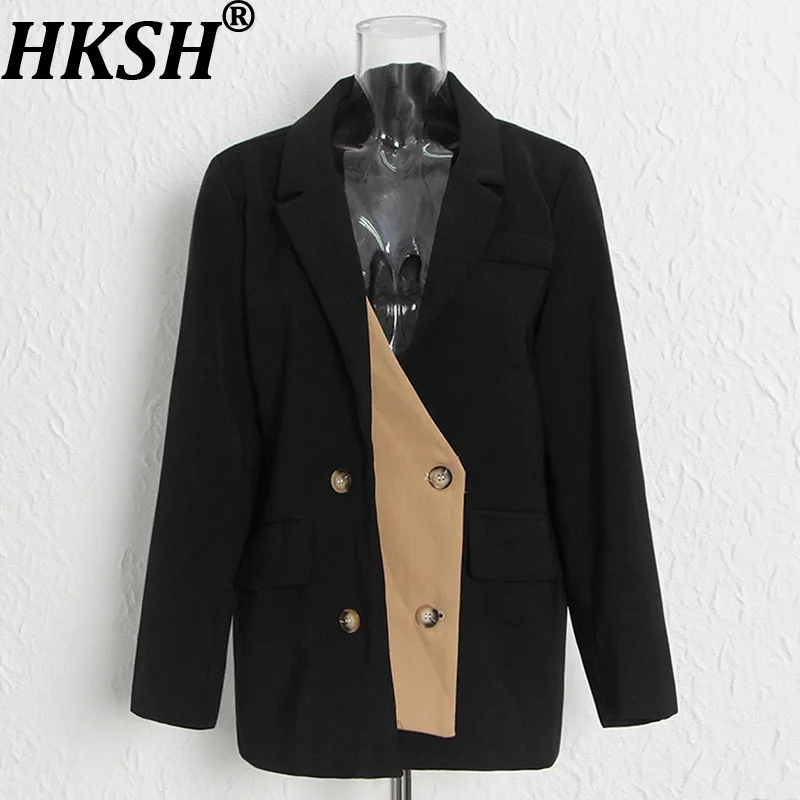 HKSH Women Blazer Elegant Double Breasted Color-Block Design Casual Trendy Patchwork Punk Niche Ins Suit-Coat Autumn New HK28148