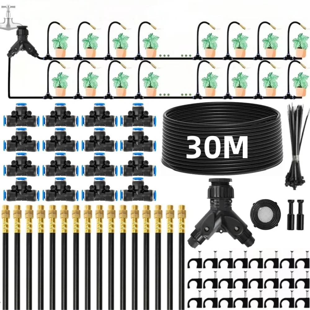 30M/100feet Garden Watering System Self-priming Pump 360° Bendable Mist Brass Cooling Sprinkler Drip Irrigation Kit Pot Bonsai