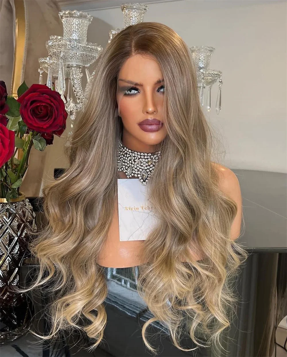 Ash Blonde Wavy Synthetic Lace Front Wig 13x4 Ombré Rooty Natural Hairline Realistic Look Synthetic Wig for Women Cospaly Party