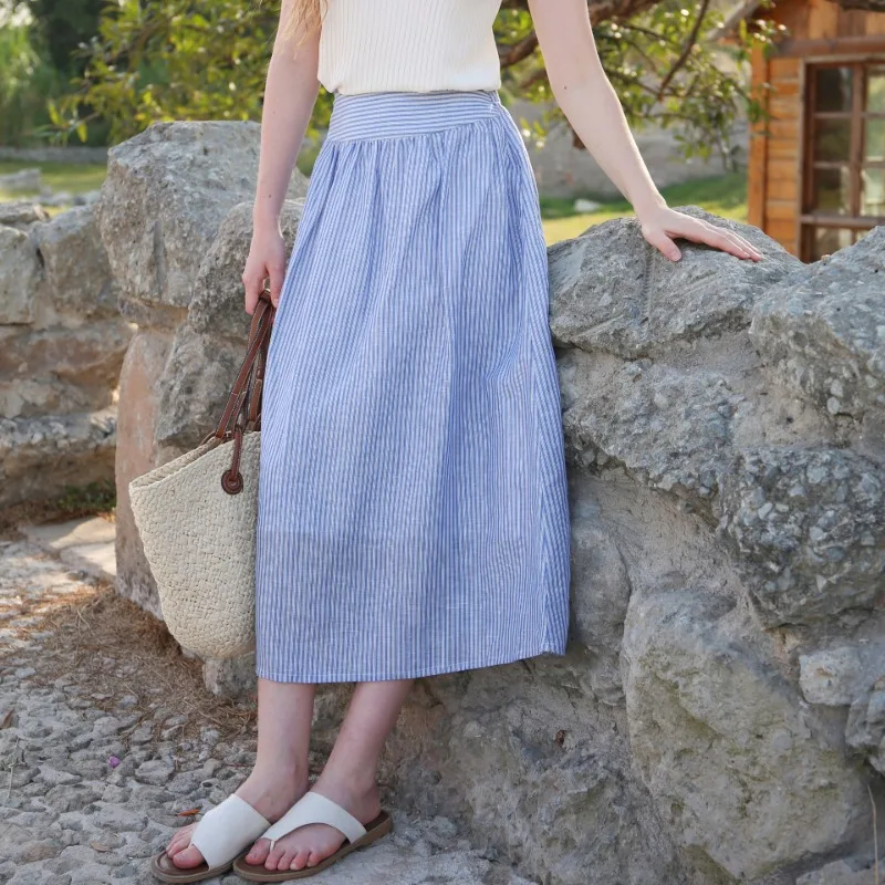 

2024 Summer Blue Striped Linen Skirt For Women New Fashion Casual Loose Beach Holiday High Waist Mid-Long Skirt Jupe Femme Été